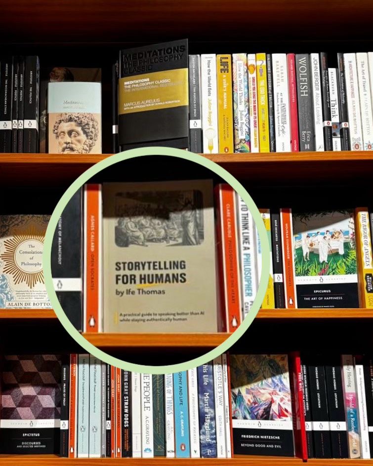 📸 Photograph of my new book, “Storytelling for Humans”, on the shelf in a bookshop